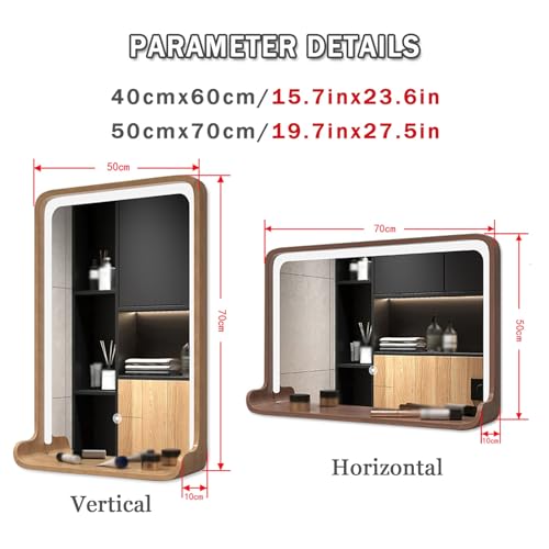 Espejo De Tocador con Luz LED para Baño, Espejo Cosmético con Marco De Madera Maciza, Espejo De Maquillaje Cuadrado Iluminado Horizontal/Vertical con Estante(Wood,50CMX70CM_Horizontal)