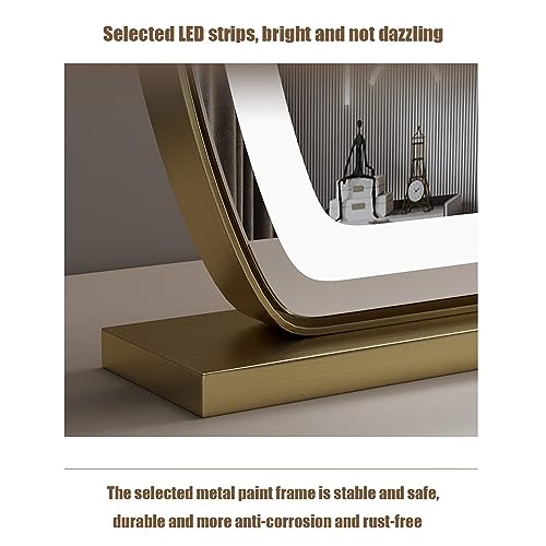 Espejo de maquillaje LED con luces, rotación de 350°, opciones recargables y no recargables, iluminación de 3 colores, brillo ajustable, control táctil, espejo de tocador dorado Hollywood, 50 x 62 cm