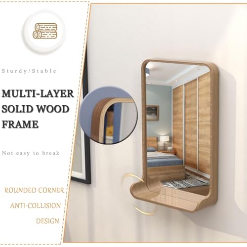 Espejo De Tocador con Luz LED para Baño, Espejo Cosmético con Marco De Madera Maciza, Espejo De Maquillaje Cuadrado Iluminado Horizontal/Vertical con Estante(Wood,50CMX70CM_Horizontal)