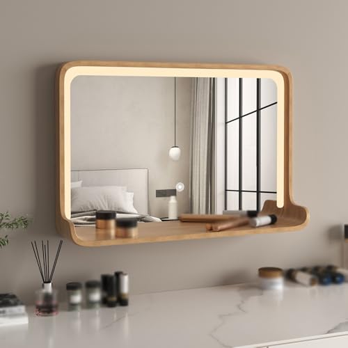 Espejo De Tocador con Luz LED para Baño, Espejo Cosmético con Marco De Madera Maciza, Espejo De Maquillaje Cuadrado Iluminado Horizontal/Vertical con Estante(Wood,50CMX70CM_Horizontal)