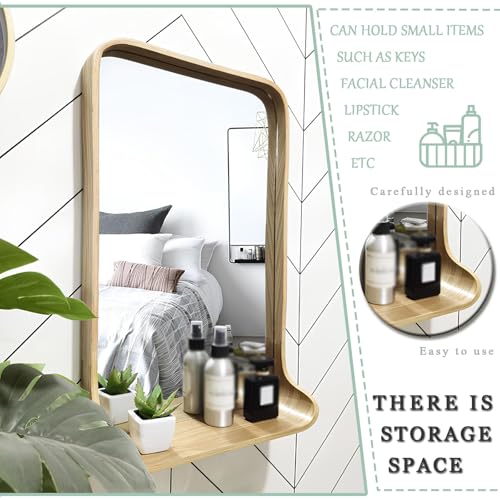 Espejo De Tocador con Luz LED para Baño, Espejo Cosmético con Marco De Madera Maciza, Espejo De Maquillaje Cuadrado Iluminado Horizontal/Vertical con Estante(Wood,50CMX70CM_Horizontal)