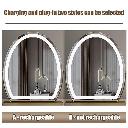 Espejo de maquillaje LED con luces, rotación de 350°, opciones recargables y no recargables, iluminación de 3 colores, brillo ajustable, control táctil, espejo de tocador dorado Hollywood, 50 x 62 cm