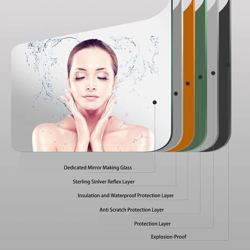 Espejo de tocador de baño retroiluminado sin marco, luces LED, tacto inteligente, antivaho, diseño semicircular grande, iluminación de 3 colores para maquillaje