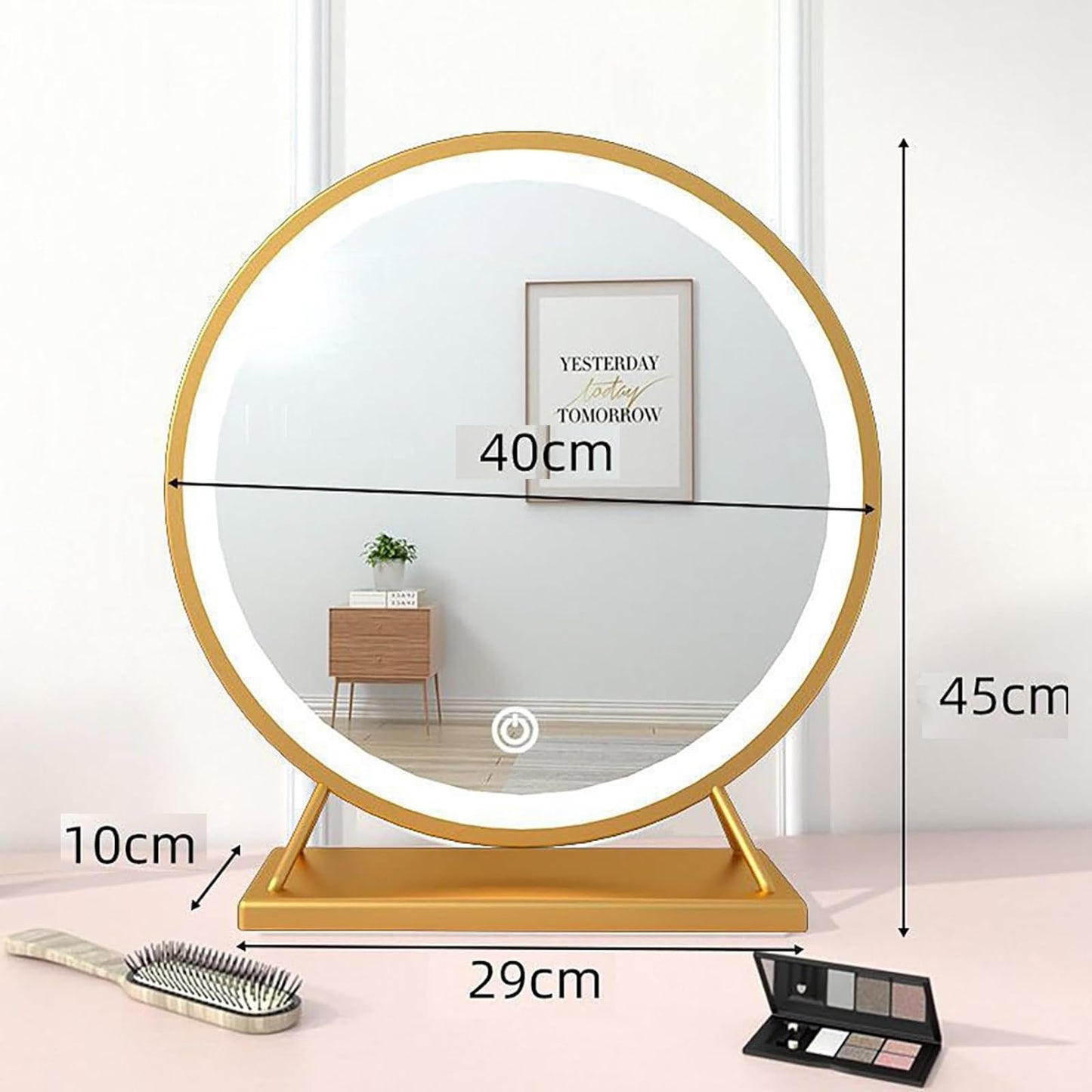 Espejo De Maquillaje Con Luz LED Y Pantalla Táctil Inteligente - Grande Para Tocador - 40cm, Dorado