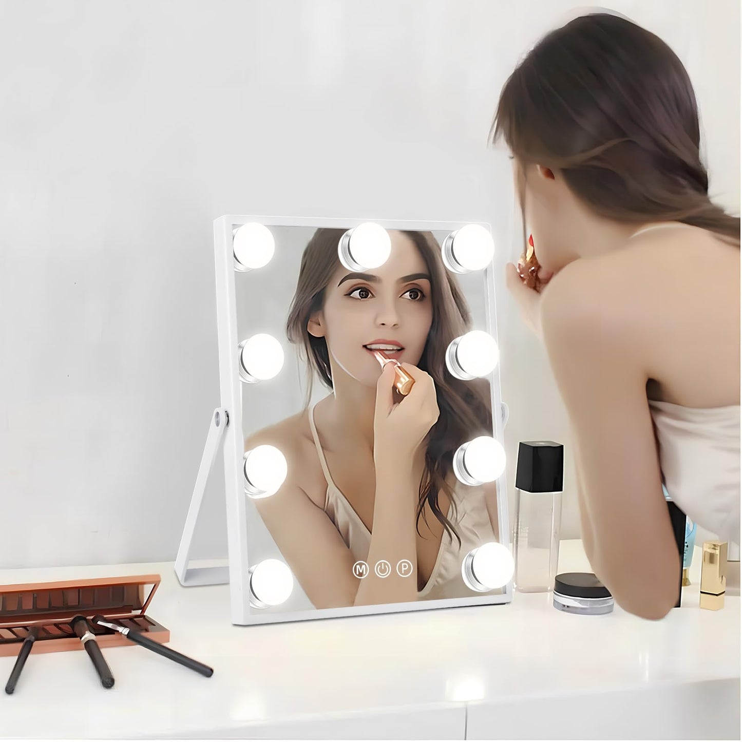 Hollywood Espejo Maquillaje Grande con Luz, Espejo de Maquillaje con 9 Bombillas LED en 3 Modos, Rotación de 360°, con Aumento 10X, Luz Ajustable, Control Tactíl, Enchufar