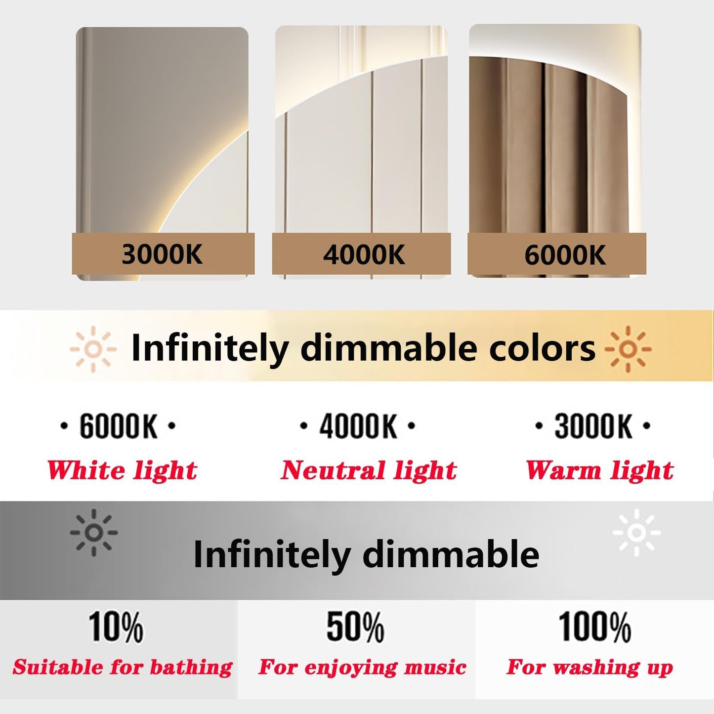 Espejo de tocador de baño retroiluminado sin marco, luces LED, tacto inteligente, antivaho, diseño semicircular grande, iluminación de 3 colores para maquillaje