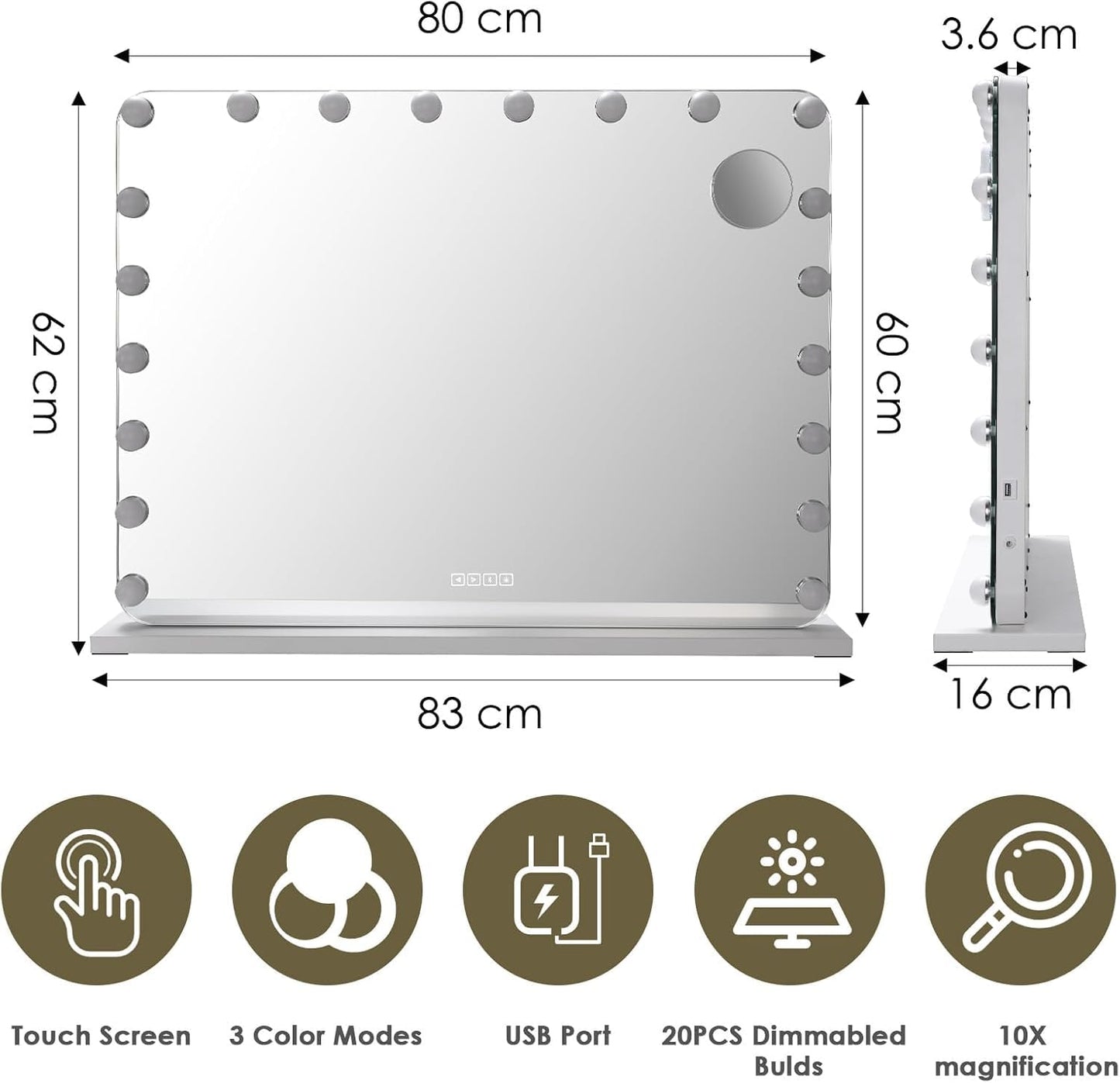 Espejo de maquillaje Bluetooth con iluminación, 20 luces LED con atenuación, Espejo Hollywood 80 x 60 cm, altavoz musical, Espejo de aumento con 3 colores de luz, USB, lupa 10x, Espejo de pared