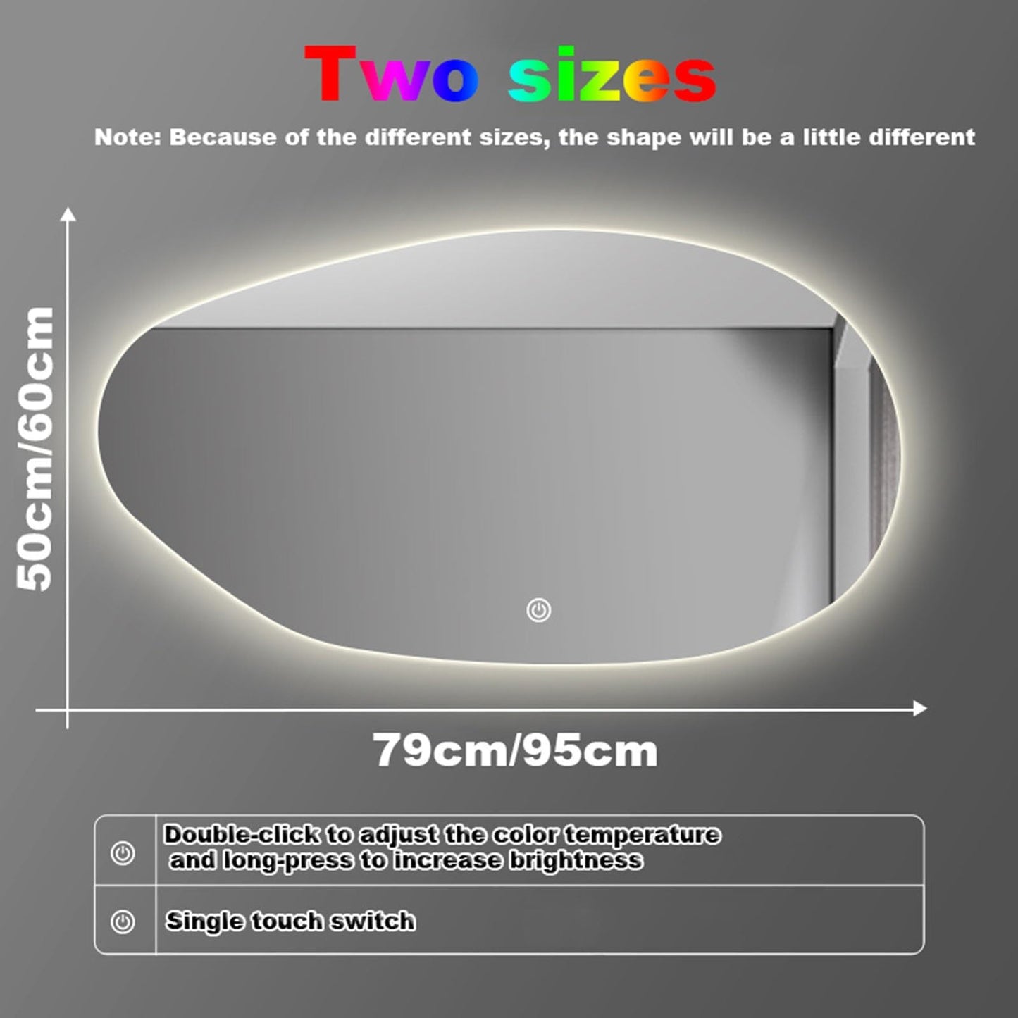 Espejo De Pared Grande Moderno Irregular, Espejo Iluminado Con LED, Espejo De Baño Ovalado Asimétrico, Tricolor Regulable, Botón Táctil Inteligente, A Prueba De Explosiones, Espejo De Maquillaje HD (