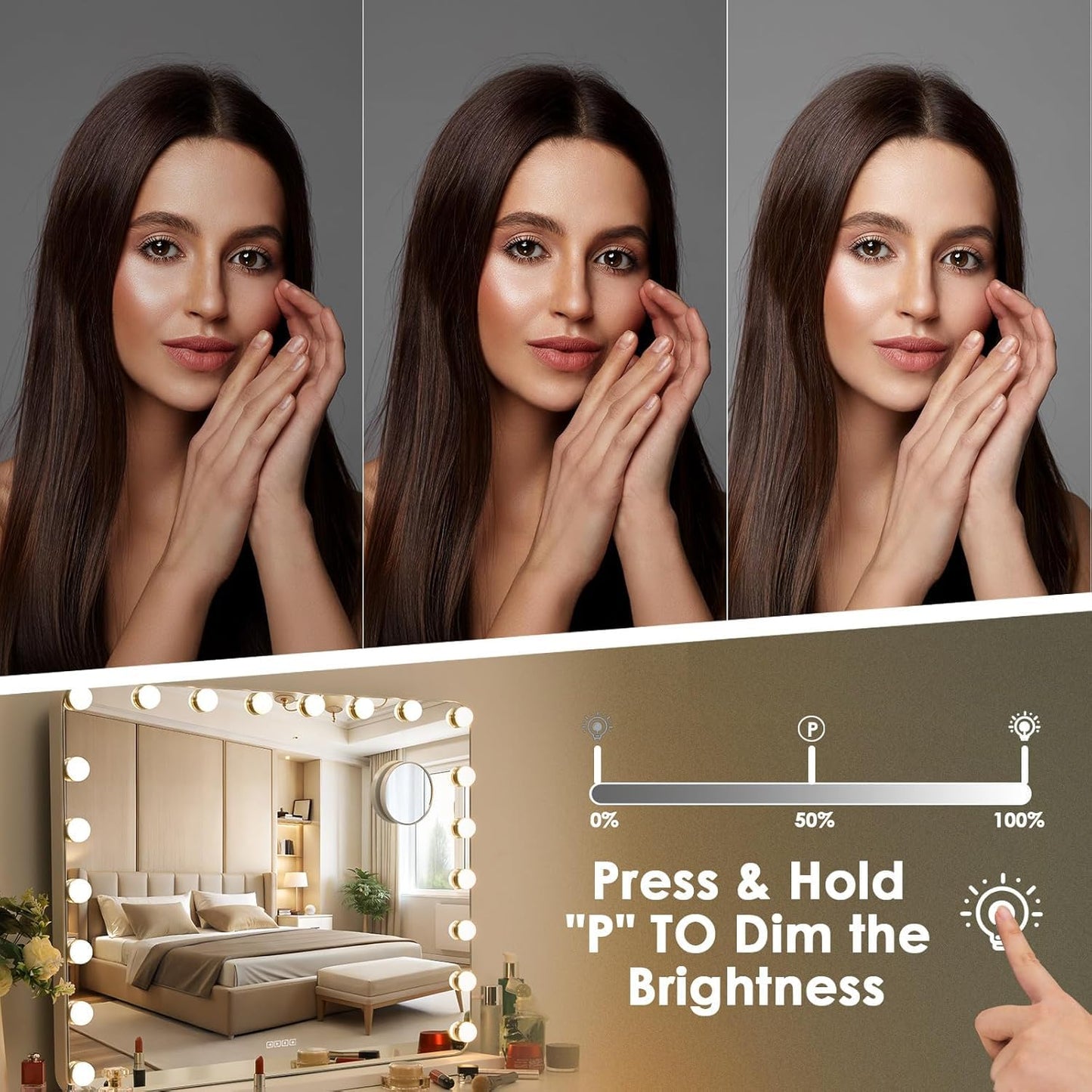 Espejo de maquillaje Bluetooth con iluminación, 20 luces LED con atenuación, Espejo Hollywood 80 x 60 cm, altavoz musical, Espejo de aumento con 3 colores de luz, USB, lupa 10x, Espejo de pared