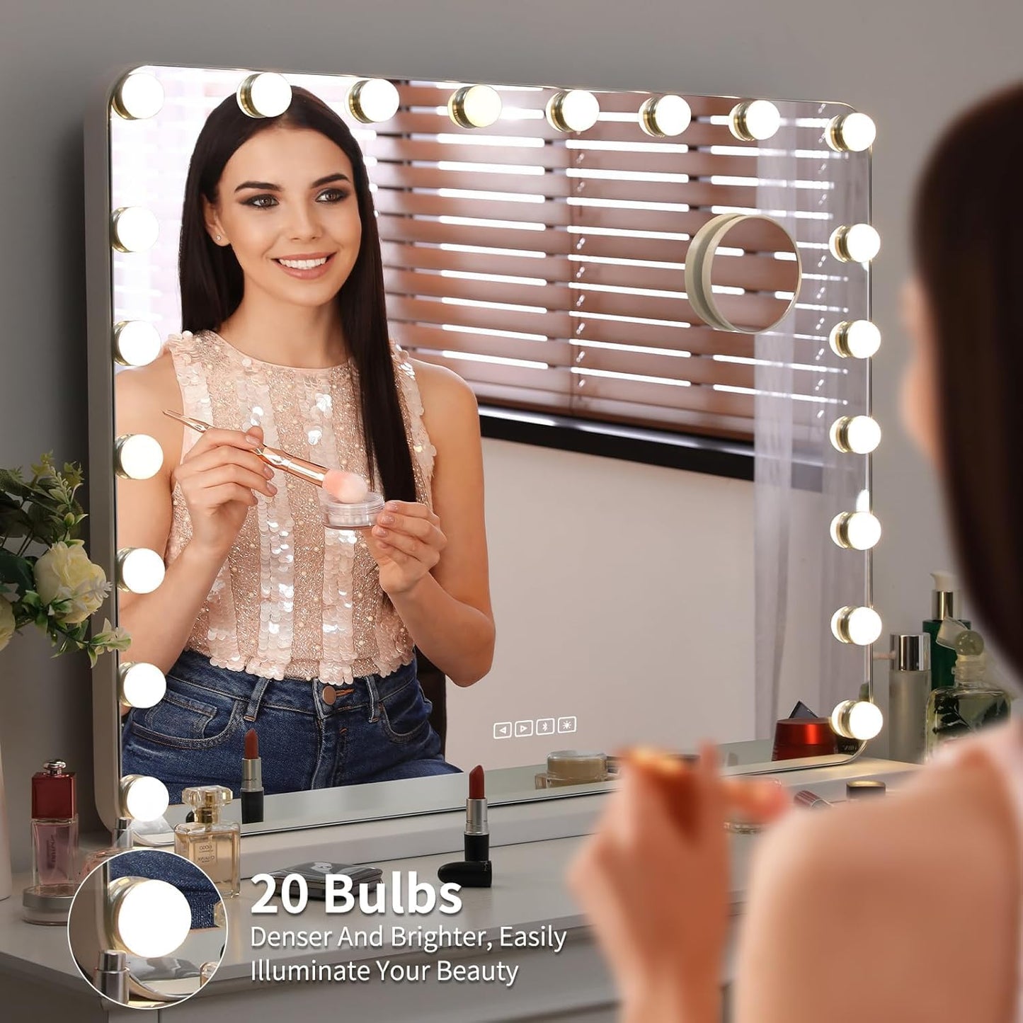 Espejo de maquillaje Bluetooth con iluminación, 20 luces LED con atenuación, Espejo Hollywood 80 x 60 cm, altavoz musical, Espejo de aumento con 3 colores de luz, USB, lupa 10x, Espejo de pared