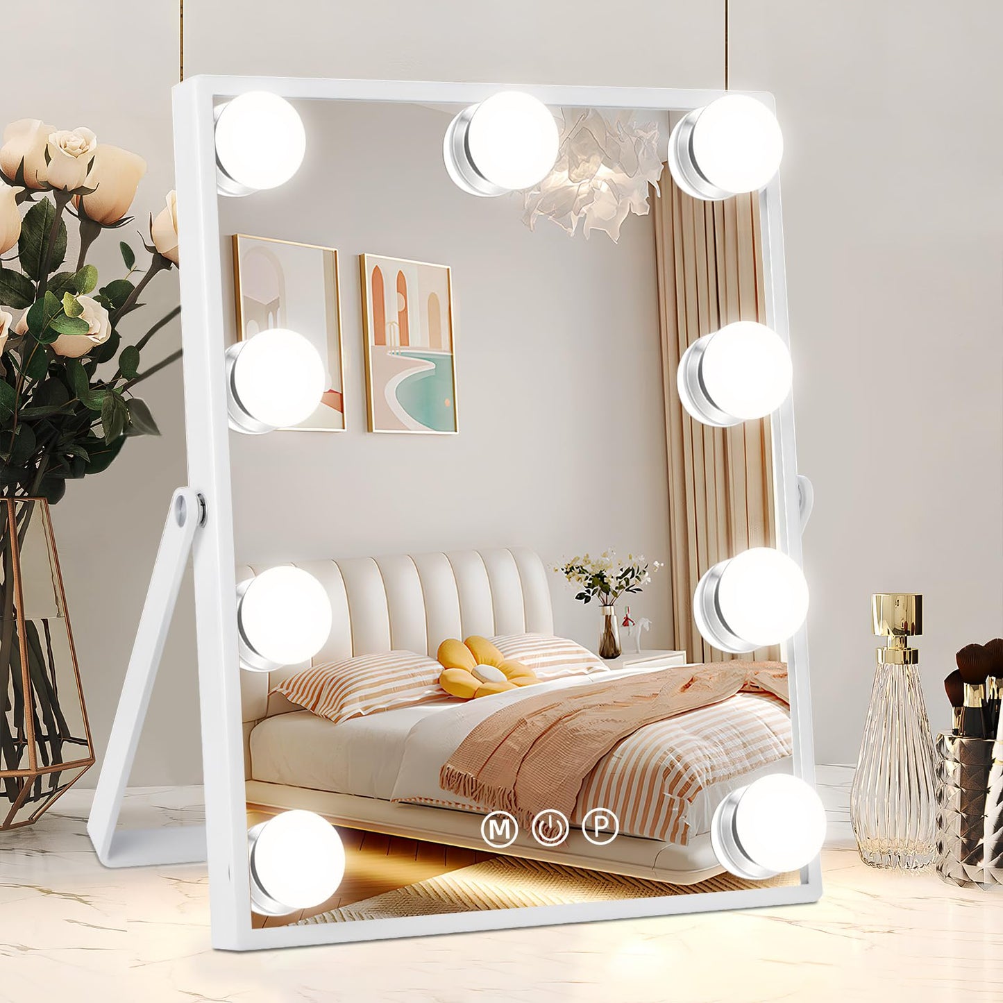 Hollywood Espejo Maquillaje Grande con Luz, Espejo de Maquillaje con 9 Bombillas LED en 3 Modos, Rotación de 360°, con Aumento 10X, Luz Ajustable, Control Tactíl, Enchufar