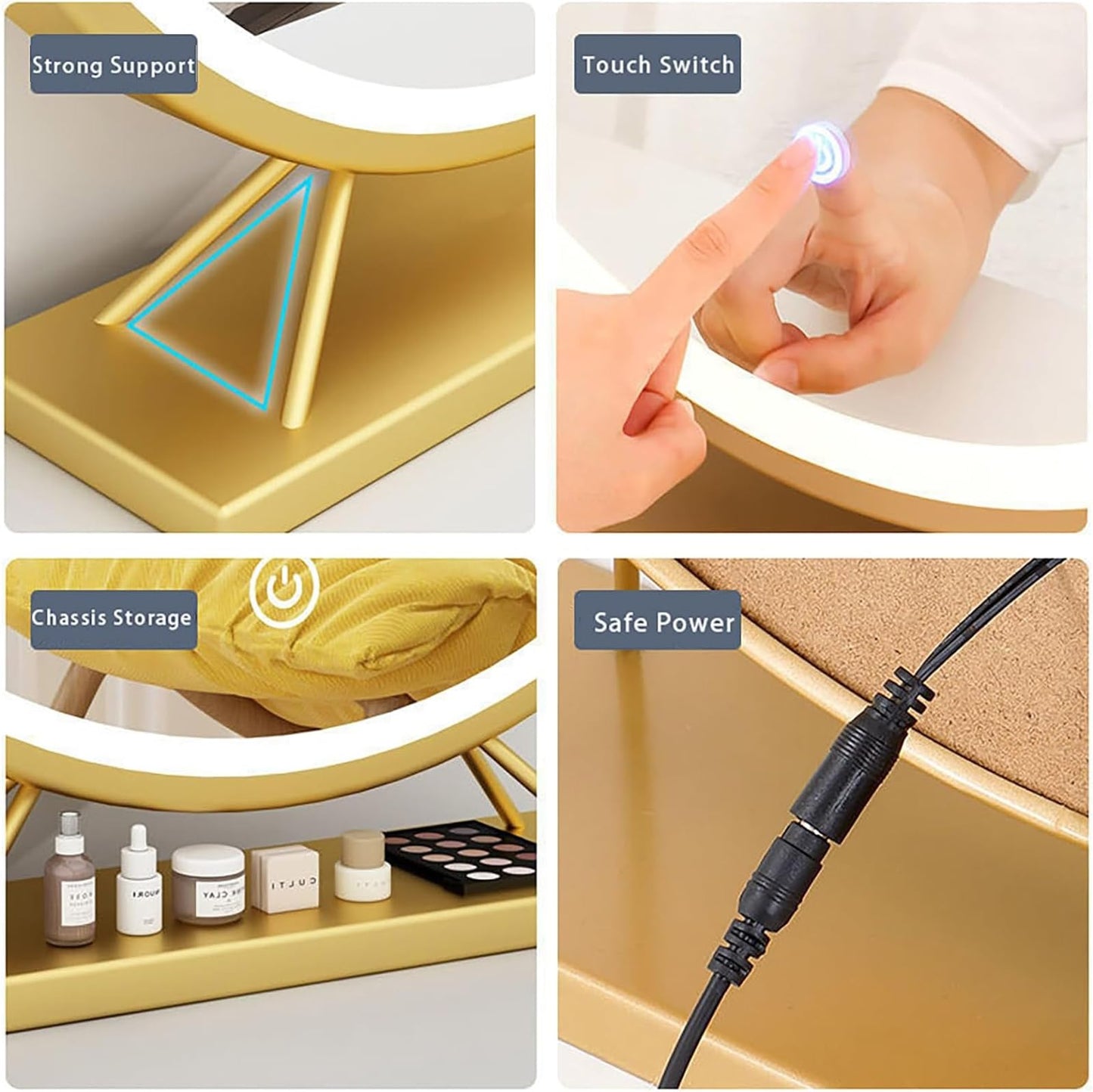 Espejo De Maquillaje Con Luz LED Y Pantalla Táctil Inteligente - Grande Para Tocador - 40cm, Dorado