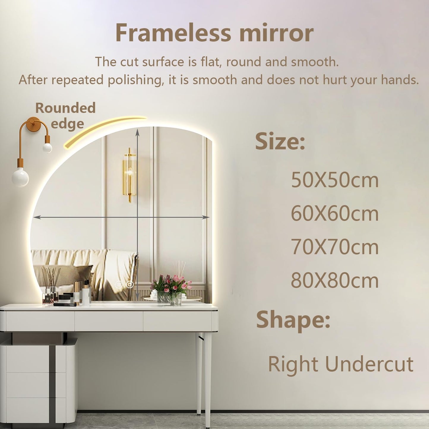 Espejo de tocador de baño retroiluminado sin marco, luces LED, tacto inteligente, antivaho, diseño semicircular grande, iluminación de 3 colores para maquillaje