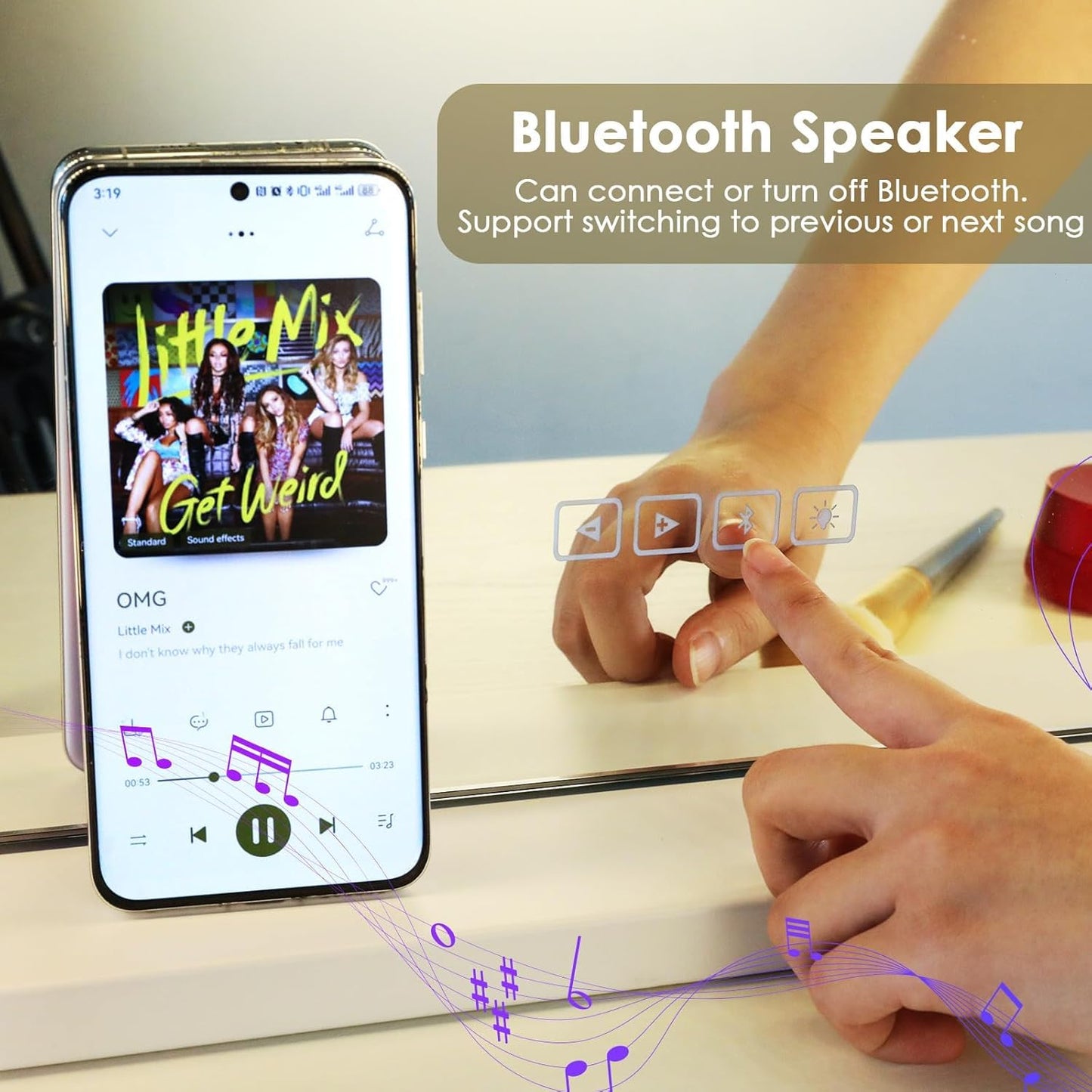 Espejo de maquillaje Bluetooth con iluminación, 20 luces LED con atenuación, Espejo Hollywood 80 x 60 cm, altavoz musical, Espejo de aumento con 3 colores de luz, USB, lupa 10x, Espejo de pared
