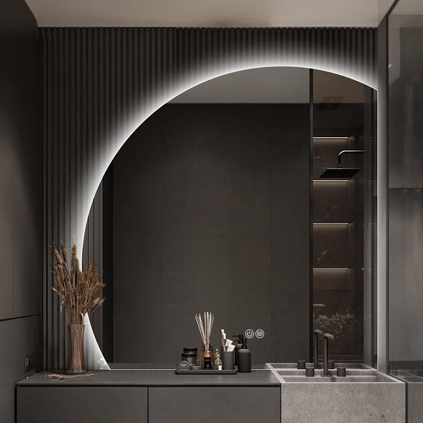 Espejo de tocador de baño retroiluminado sin marco, luces LED, tacto inteligente, antivaho, diseño semicircular grande, iluminación de 3 colores para maquillaje