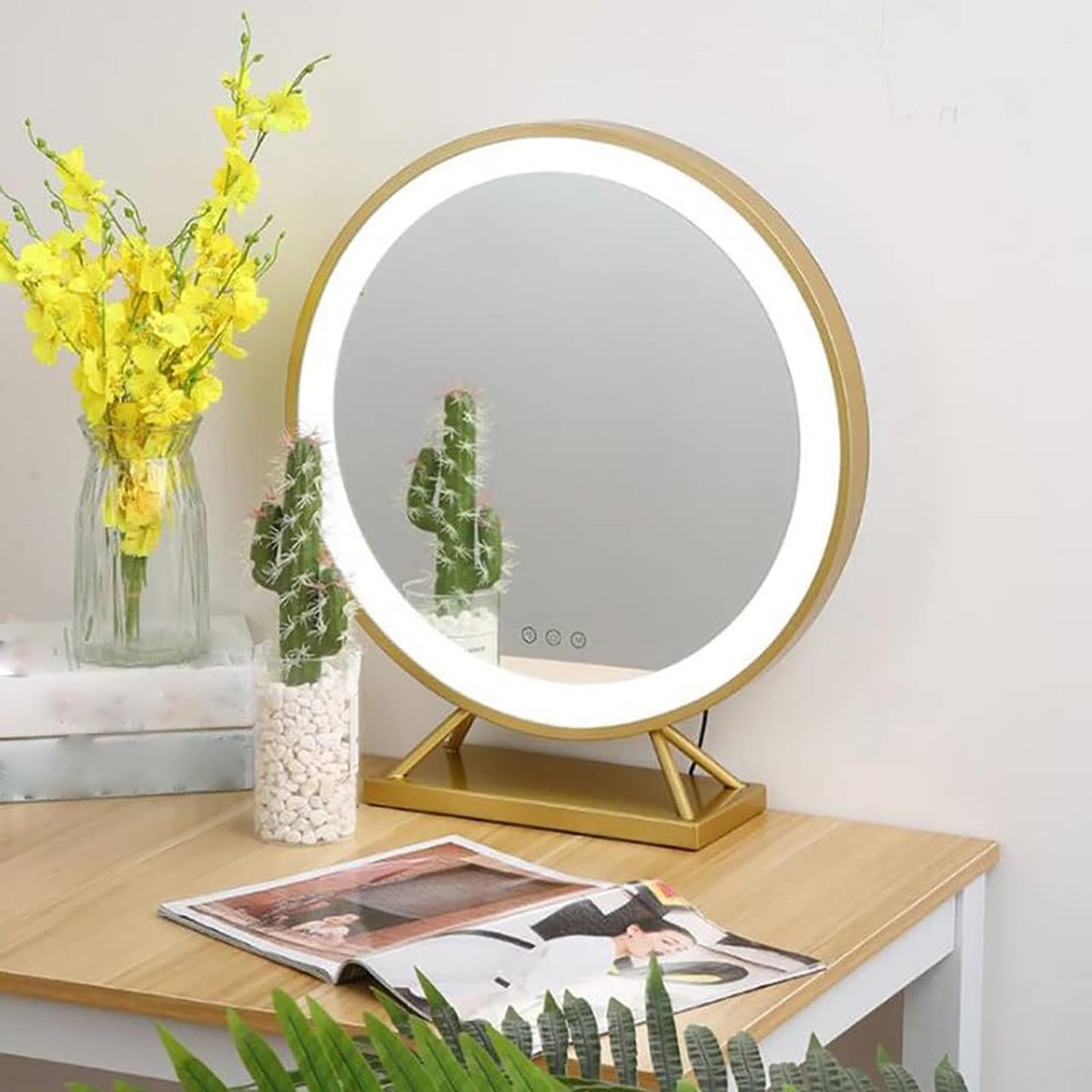 Espejo De Maquillaje Con Luz LED Y Pantalla Táctil Inteligente - Grande Para Tocador - 40cm, Dorado
