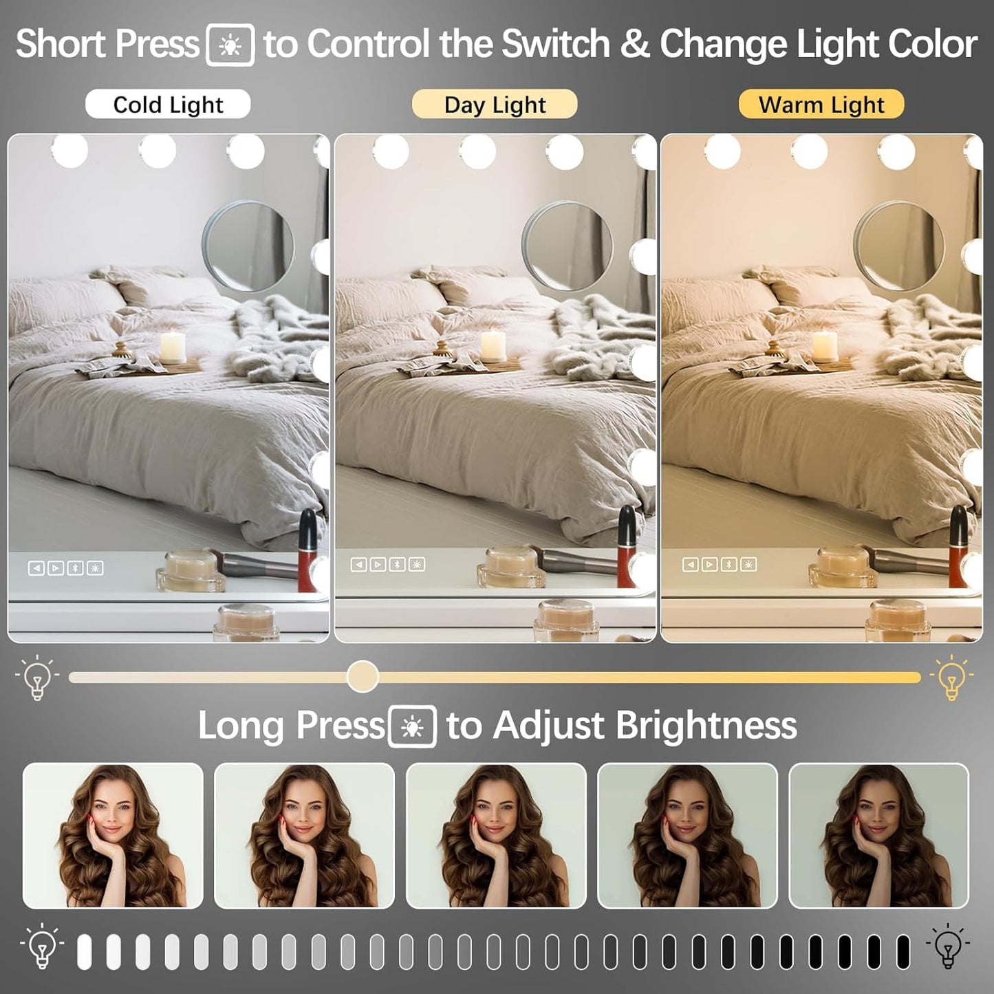 Espejo de maquillaje Bluetooth con iluminación, 20 luces LED con atenuación, Espejo Hollywood 80 x 60 cm, altavoz musical, Espejo de aumento con 3 colores de luz, USB, lupa 10x, Espejo de pared