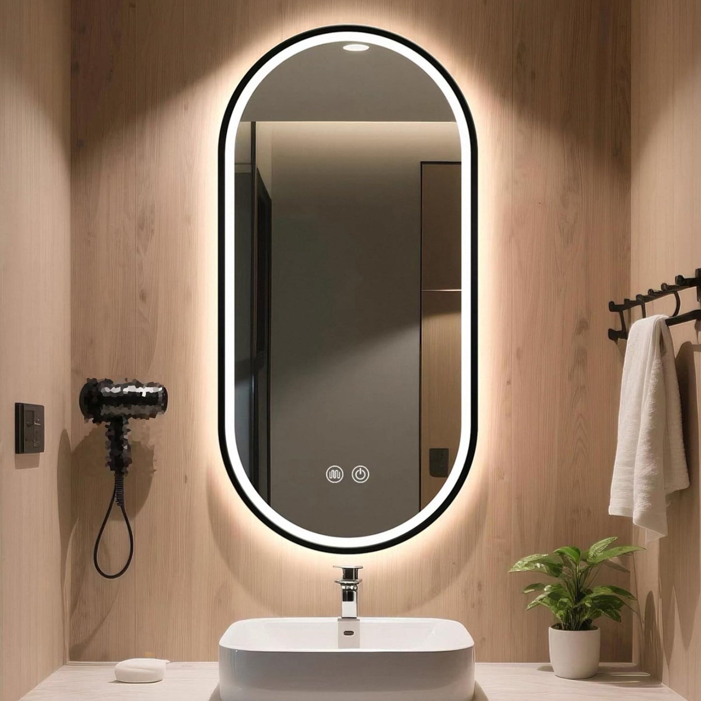 Espejo Ovalado Con Marco De Aluminio, Espejo De Baño LED, Retroiluminación + Frontal, 3 Colores Regulables, Espejo De Pared, Espejo De Maquillaje Inteligente, HD, A Prueba De(Size:50x90CM,Color:Negro)