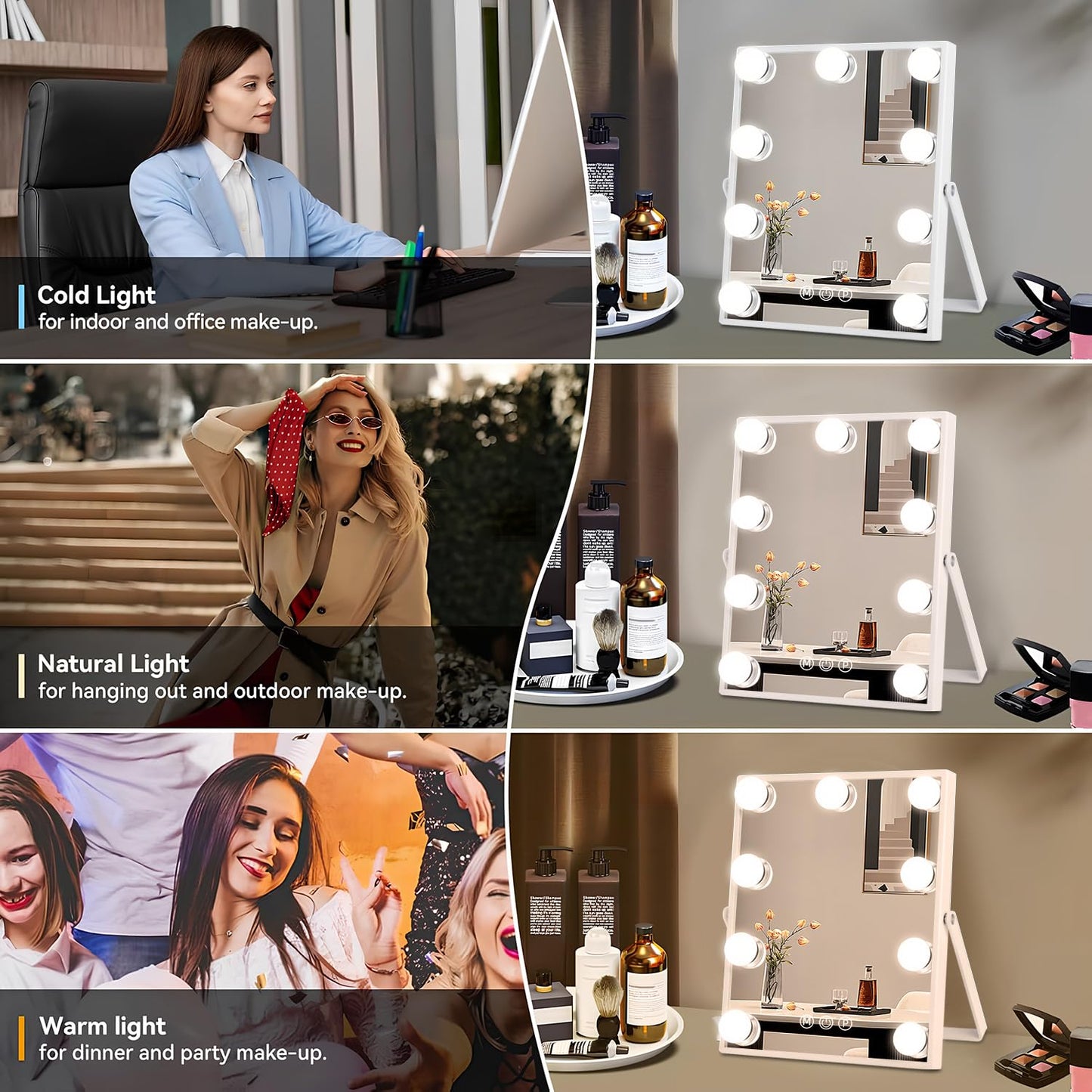 Hollywood Espejo Maquillaje Grande con Luz, Espejo de Maquillaje con 9 Bombillas LED en 3 Modos, Rotación de 360°, con Aumento 10X, Luz Ajustable, Control Tactíl, Enchufar
