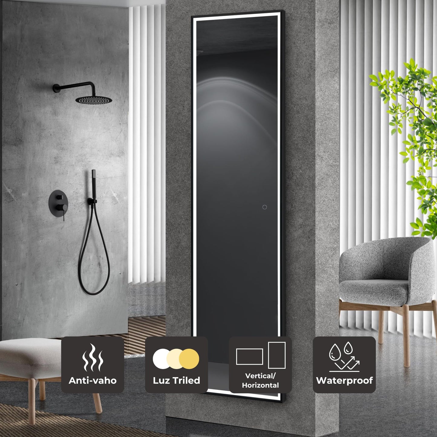 LEDIMEX - Espejo Baño con Luz LED y Antivaho 160x40cm | Espejo Cuarto de Baño con Luz Frontal Bi-LED (Cálida, Neutra y Fría) | Espejo Rectangular de Pared con Marco Arenado para Mueble