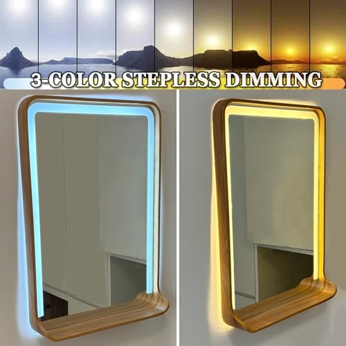 Espejo De Tocador con Luz LED para Baño, Espejo Cosmético con Marco De Madera Maciza, Espejo De Maquillaje Cuadrado Iluminado Horizontal/Vertical con Estante(Wood,50CMX70CM_Horizontal)