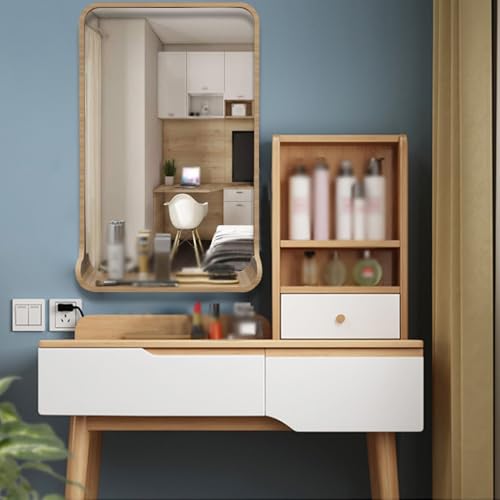 Espejo De Tocador con Luz LED para Baño, Espejo Cosmético con Marco De Madera Maciza, Espejo De Maquillaje Cuadrado Iluminado Horizontal/Vertical con Estante(Wood,50CMX70CM_Horizontal)
