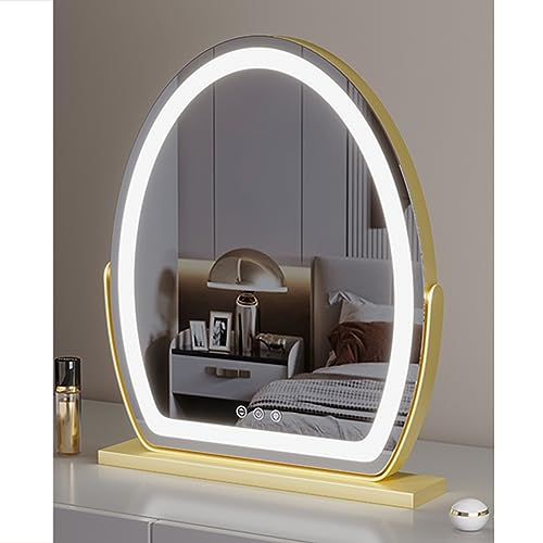 Espejo de maquillaje LED con luces, rotación de 350°, opciones recargables y no recargables, iluminación de 3 colores, brillo ajustable, control táctil, espejo de tocador dorado Hollywood, 50 x 62 cm