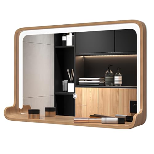 Espejo De Tocador con Luz LED para Baño, Espejo Cosmético con Marco De Madera Maciza, Espejo De Maquillaje Cuadrado Iluminado Horizontal/Vertical con Estante(Wood,50CMX70CM_Horizontal)