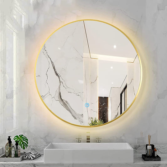 BUJOG Espejo Redondo Iluminado para baño con función de atenuación de 3 Colores, Espejo de Maquillaje con retroiluminación LED montado en la Pared (Marco Dorado 80X80CM)