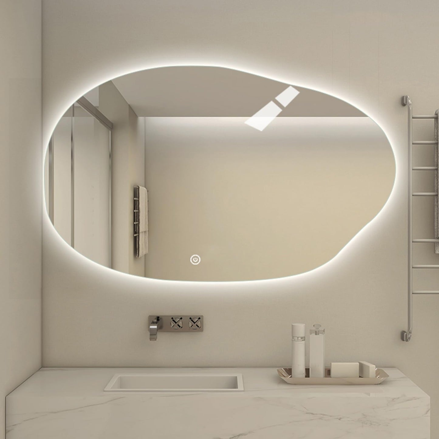 Espejo De Pared Grande Moderno Irregular, Espejo Iluminado Con LED, Espejo De Baño Ovalado Asimétrico, Tricolor Regulable, Botón Táctil Inteligente, A Prueba De Explosiones, Espejo De Maquillaje HD (