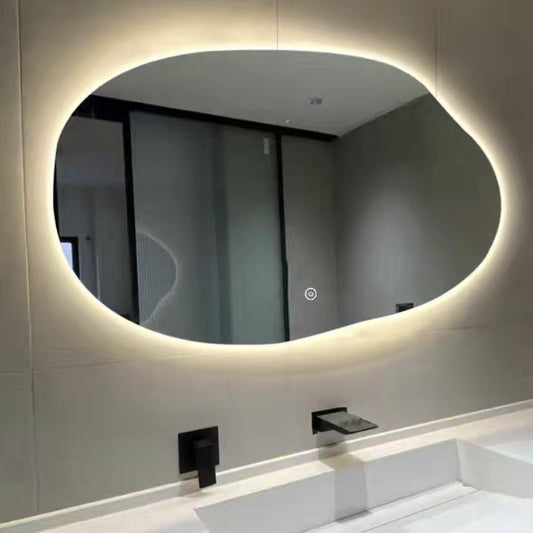 Espejo De Pared Grande Moderno Irregular, Espejo Iluminado Con LED, Espejo De Baño Ovalado Asimétrico, Tricolor Regulable, Botón Táctil Inteligente, A Prueba De Explosiones, Espejo De Maquillaje HD (