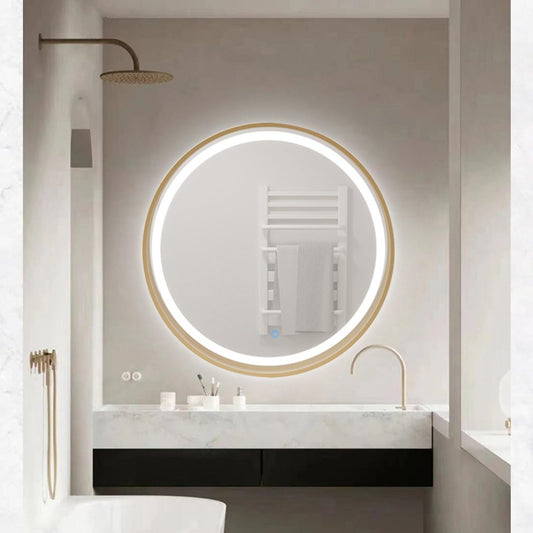 Espejo De Baño Redondo Con Marco De Madera, Espejo De Pared LED, Espejo De Maquillaje Inteligente, Espejo De Tocador Con Marco Circular, Luz De 3 Colores Infinitamente Regulable, HD ( Color : Wood col