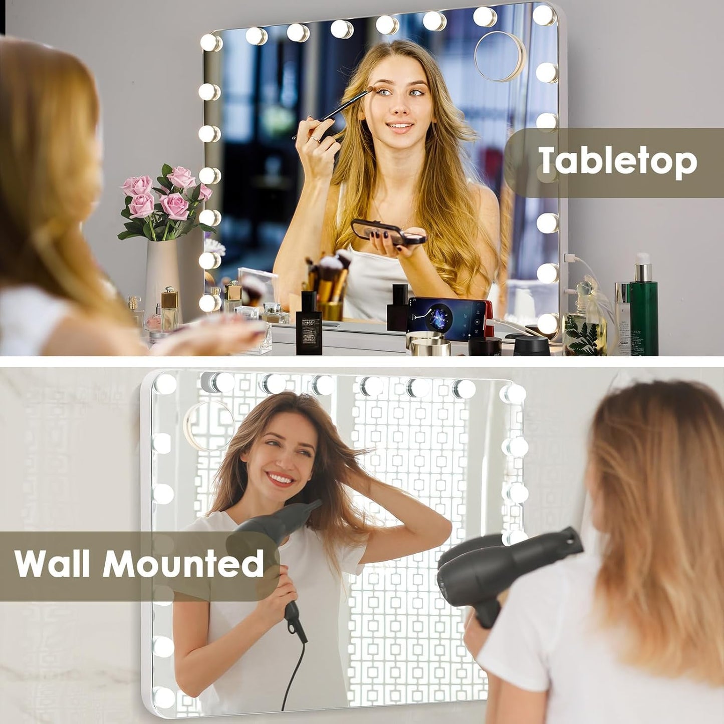 Espejo de maquillaje Bluetooth con iluminación, 20 luces LED con atenuación, Espejo Hollywood 80 x 60 cm, altavoz musical, Espejo de aumento con 3 colores de luz, USB, lupa 10x, Espejo de pared