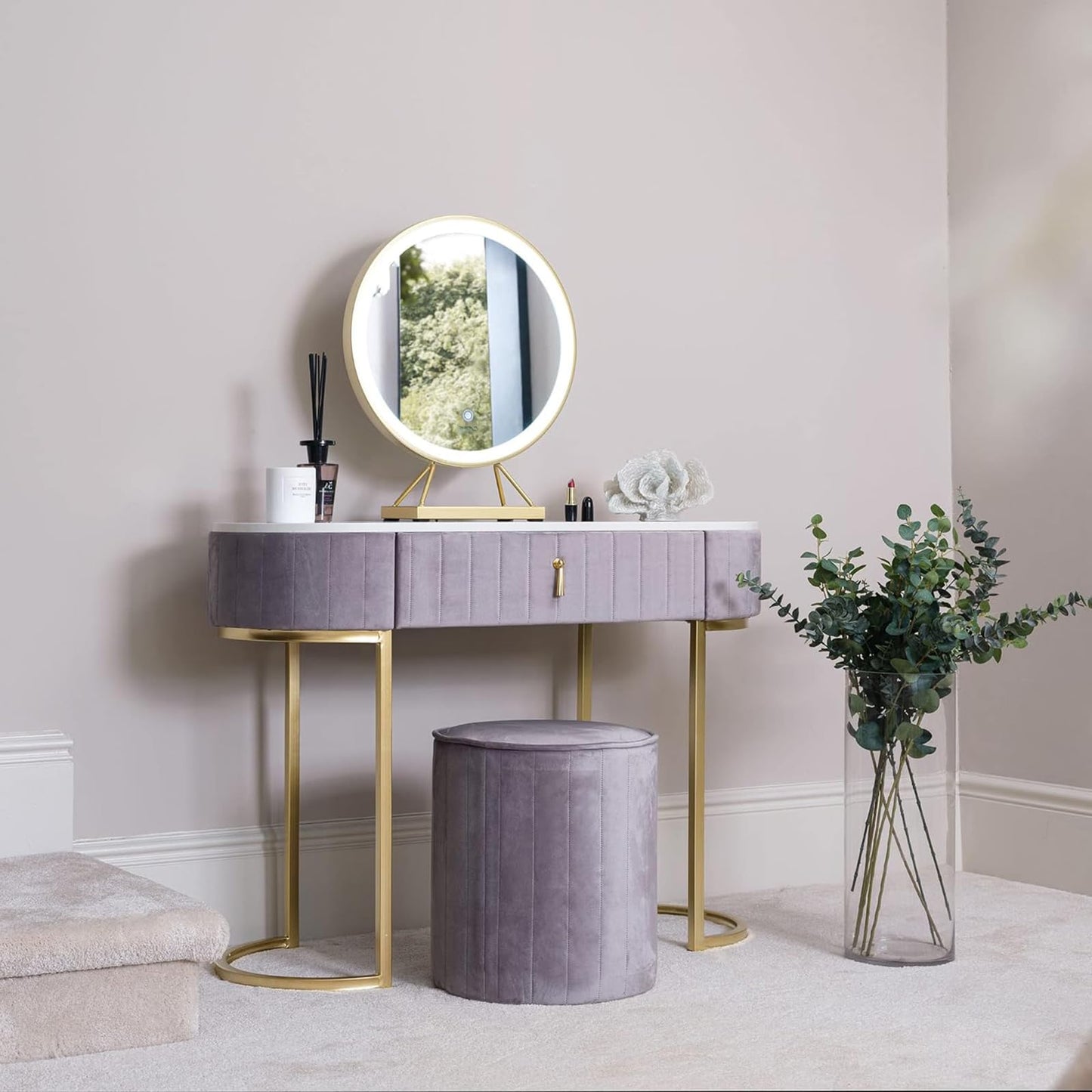Espejo De Maquillaje Con Luz LED Y Pantalla Táctil Inteligente - Grande Para Tocador - 40cm, Dorado