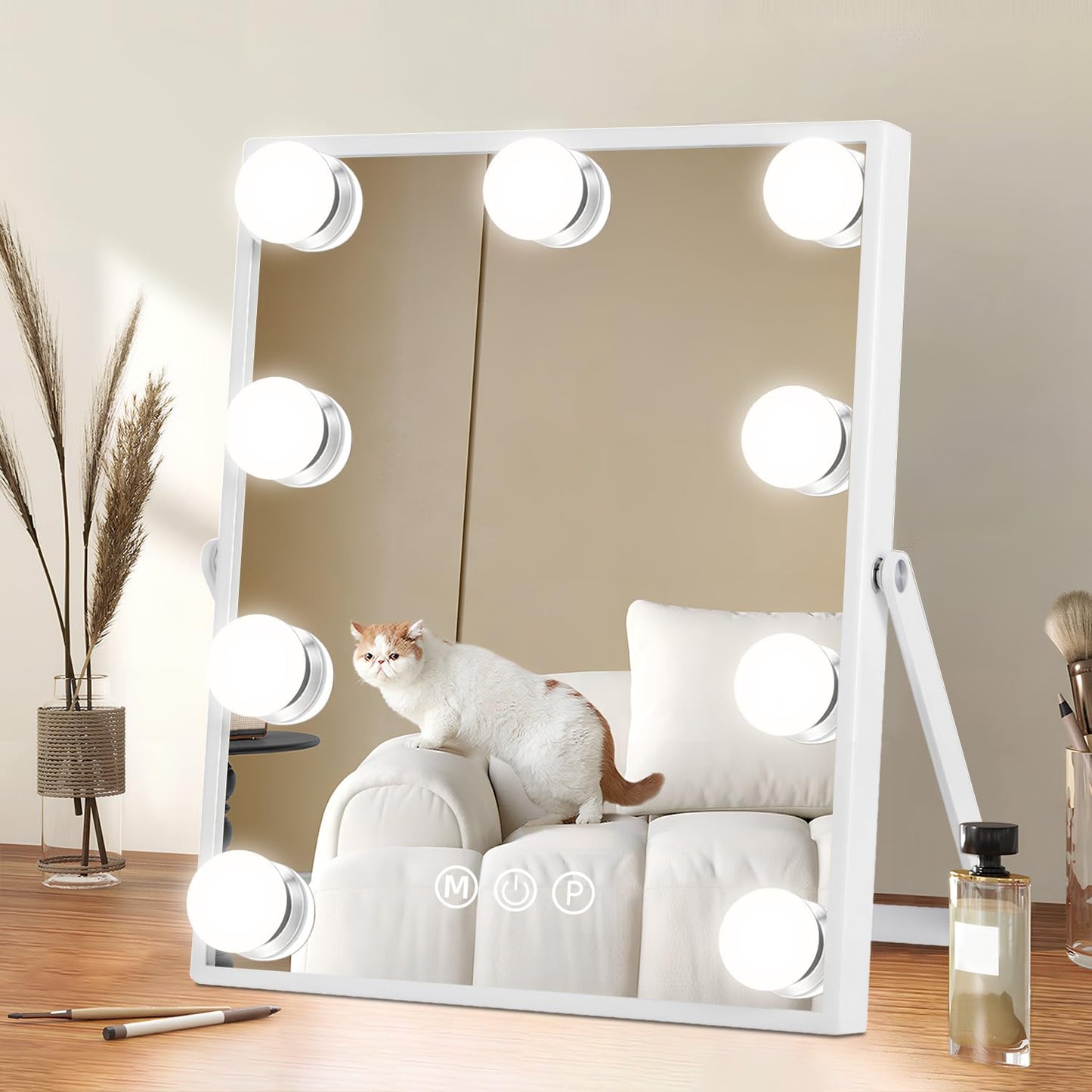 Hollywood Espejo Maquillaje Grande con Luz, Espejo de Maquillaje con 9 Bombillas LED en 3 Modos, Rotación de 360°, con Aumento 10X, Luz Ajustable, Control Tactíl, Enchufar