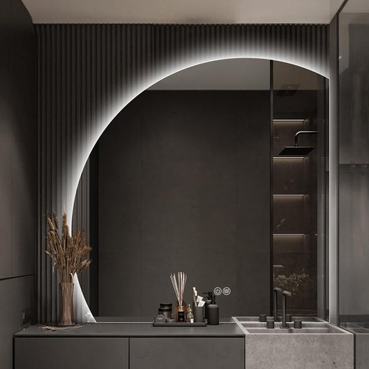 Espejo de tocador de baño retroiluminado sin marco, luces LED, tacto inteligente, antivaho, diseño semicircular grande, iluminación de 3 colores para maquillaje