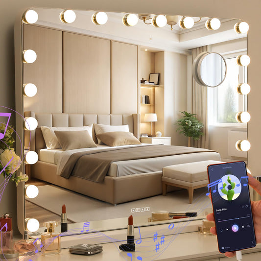 Espejo de maquillaje Bluetooth con iluminación, 20 luces LED con atenuación, Espejo Hollywood 80 x 60 cm, altavoz musical, Espejo de aumento con 3 colores de luz, USB, lupa 10x, Espejo de pared